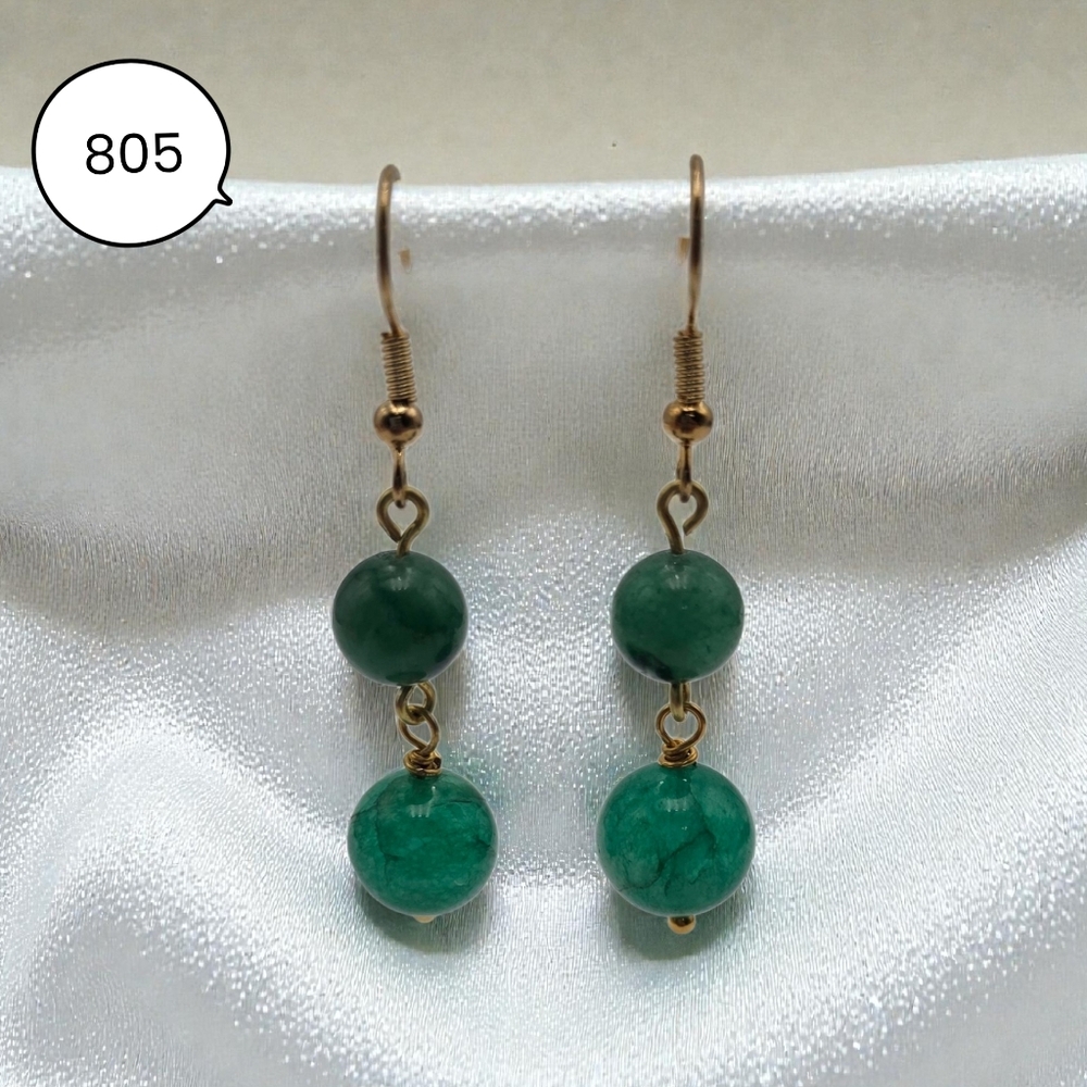 Green Jade Bead Dangle Earrings with Gold Hooks